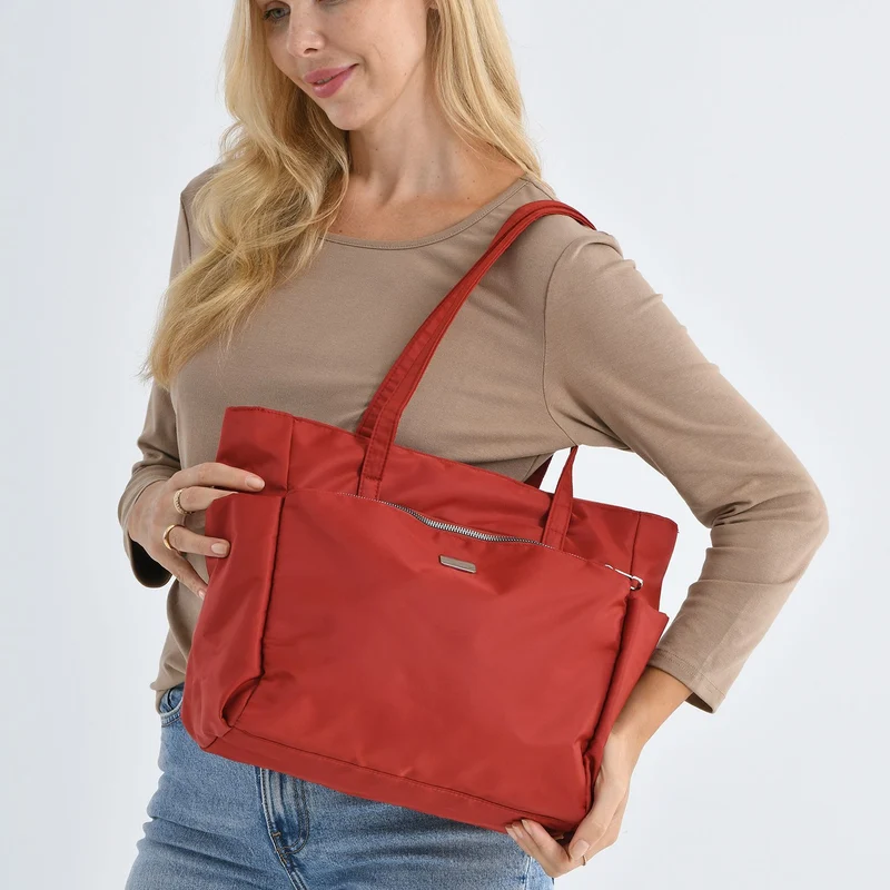 Elegante Signature Handtasche, edles Nylon Design mit 3 Reißverschluss Taschen und 2 offenen Außentaschen, ca. 30 x 30 x 10 cm, Gold