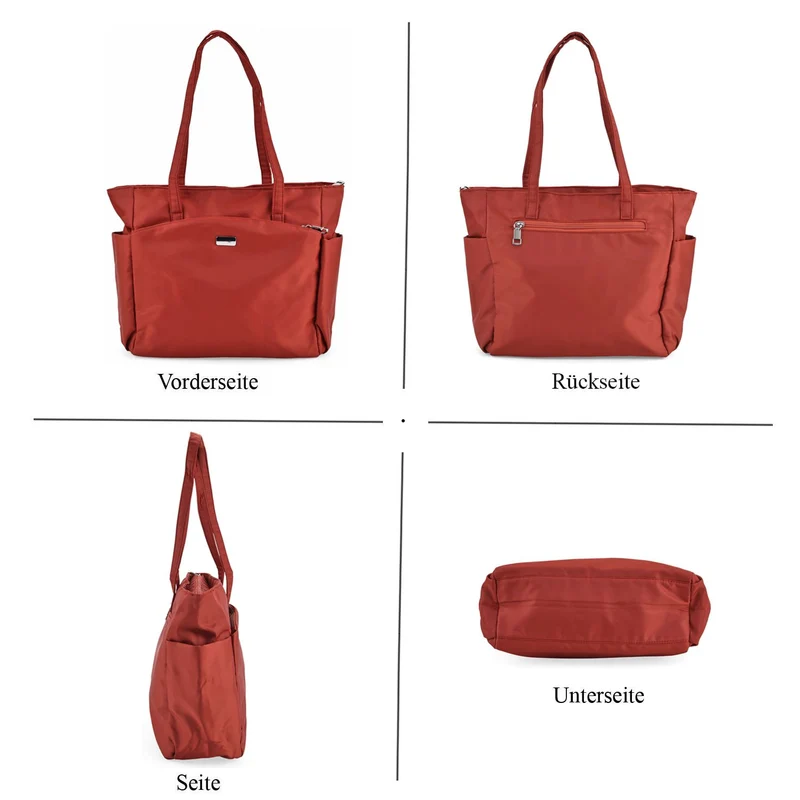 Elegante Signature Handtasche, edles Nylon Design mit 3 Reißverschluss Taschen und 2 offenen Außentaschen, ca. 30 x 30 x 10 cm, Gold