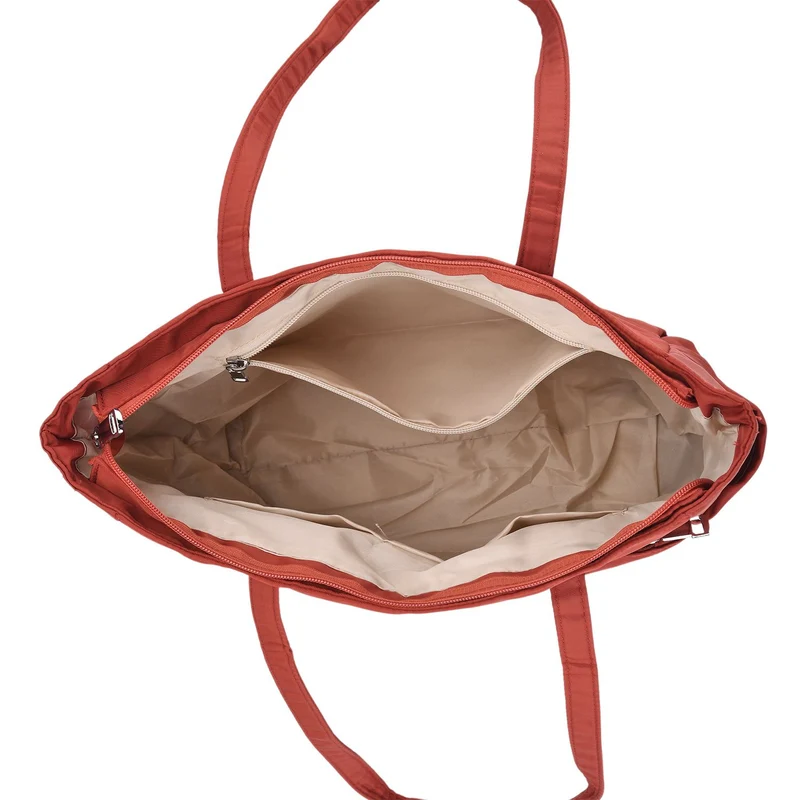 Elegante Signature Handtasche, edles Nylon Design mit 3 Reißverschluss Taschen und 2 offenen Außentaschen, ca. 30 x 30 x 10 cm, Gold