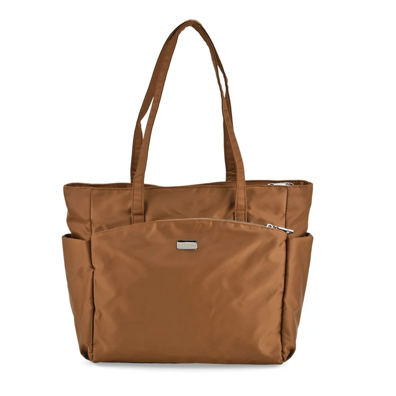 Elegante Signature Handtasche, edles Nylon Design mit 3 Reißverschluss Taschen und 2 offenen Außentaschen, ca. 30 x 30 x 10 cm, Gold
