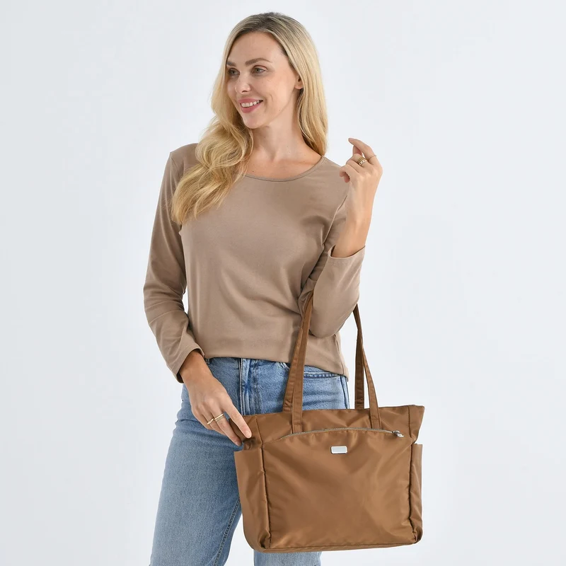 Elegante Signature Handtasche, edles Nylon Design mit 3 Reißverschluss Taschen und 2 offenen Außentaschen, ca. 30 x 30 x 10 cm, Gold