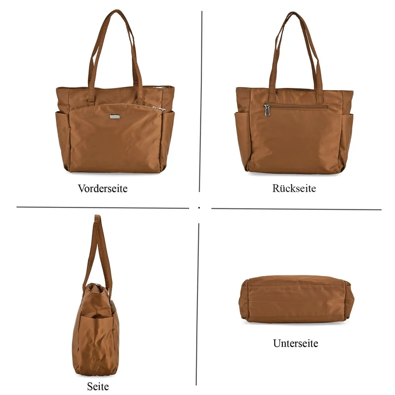 Elegante Signature Handtasche, edles Nylon Design mit 3 Reißverschluss Taschen und 2 offenen Außentaschen, ca. 30 x 30 x 10 cm, Gold