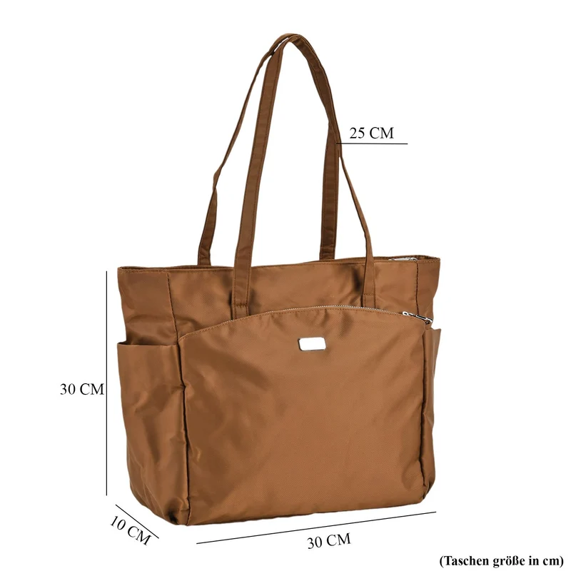 Elegante Signature Handtasche, edles Nylon Design mit 3 Reißverschluss Taschen und 2 offenen Außentaschen, ca. 30 x 30 x 10 cm, Gold