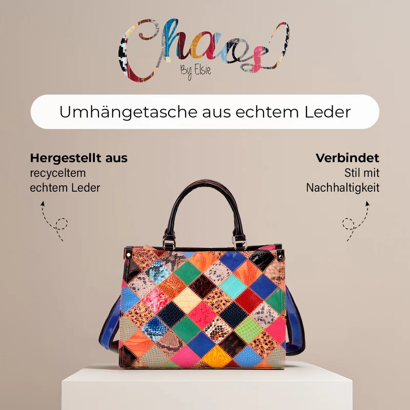 Chaos by Elsie - Umhängetasche aus 100% Echtleder mit Mini-Taschenlampe, Rautenmuster, RFID-Schutz, 34x15x27 cm (Tasche), 9,5x4 cm (Taschenlampe)