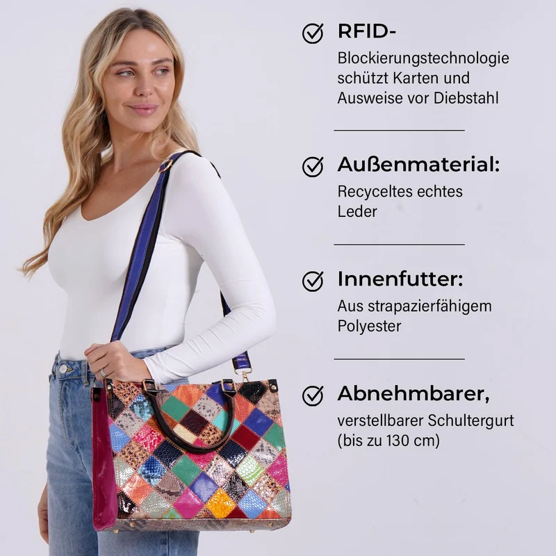 Chaos by Elsie - Umhängetasche aus 100% Echtleder mit Mini-Taschenlampe, Rautenmuster, RFID-Schutz, 34x15x27 cm (Tasche), 9,5x4 cm (Taschenlampe)