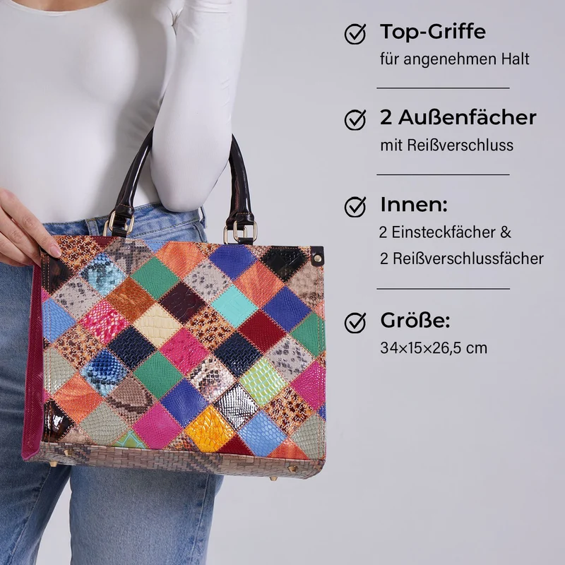 Chaos by Elsie - Umhängetasche aus 100% Echtleder mit Mini-Taschenlampe, Rautenmuster, RFID-Schutz, 34x15x27 cm (Tasche), 9,5x4 cm (Taschenlampe)