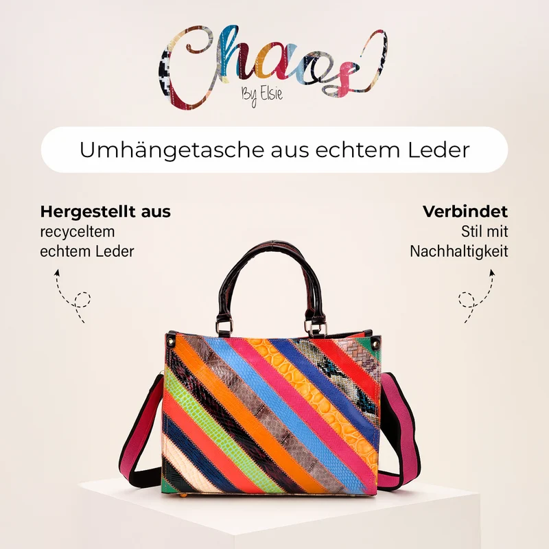 Chaos by Elsie - Umhängetasche aus 100% Echtleder mit Mini-Taschenlampe, Rautenmuster, RFID-Schutz, 34x15x27 cm (Tasche), 9,5x4 cm (Taschenlampe)