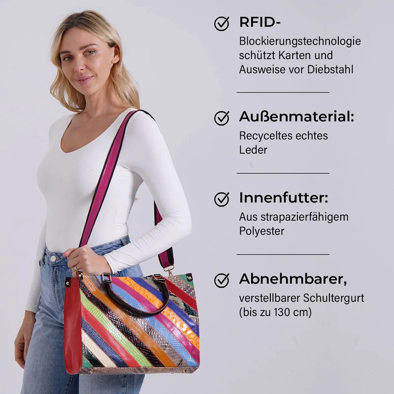 Chaos by Elsie - Umhängetasche aus 100% Echtleder mit Mini-Taschenlampe, Rautenmuster, RFID-Schutz, 34x15x27 cm (Tasche), 9,5x4 cm (Taschenlampe)