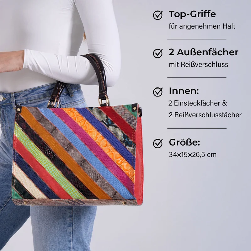 Chaos by Elsie - Umhängetasche aus 100% Echtleder mit Mini-Taschenlampe, Rautenmuster, RFID-Schutz, 34x15x27 cm (Tasche), 9,5x4 cm (Taschenlampe)