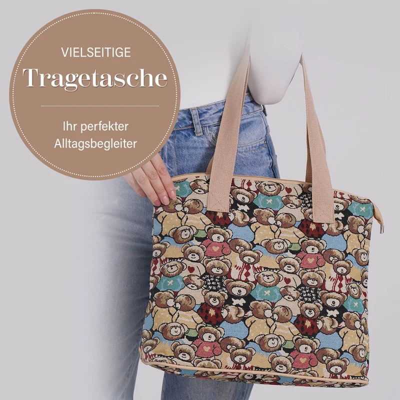Vielseitige Tragetasche mit Teddybär-Muster, Weiches Polyester, praktische Fächer und sichere Reißverschlussöffnung, 38x13x33?cm