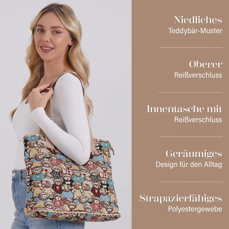 Vielseitige Tragetasche mit Teddybär-Muster, Weiches Polyester, praktische Fächer und sichere Reißverschlussöffnung, 38x13x33?cm
