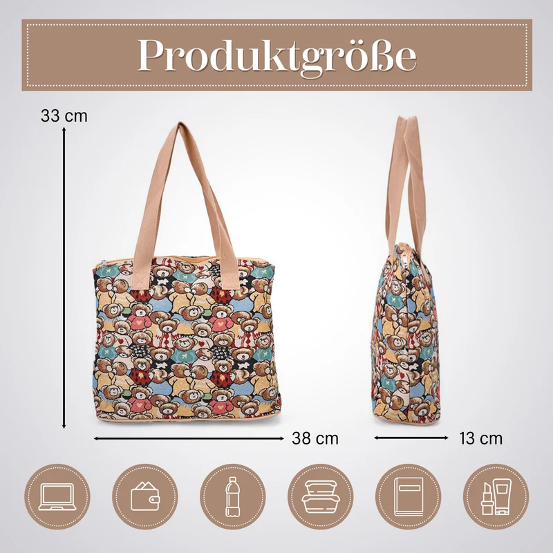 Vielseitige Tragetasche mit Teddybär-Muster, Weiches Polyester, praktische Fächer und sichere Reißverschlussöffnung, 38x13x33?cm
