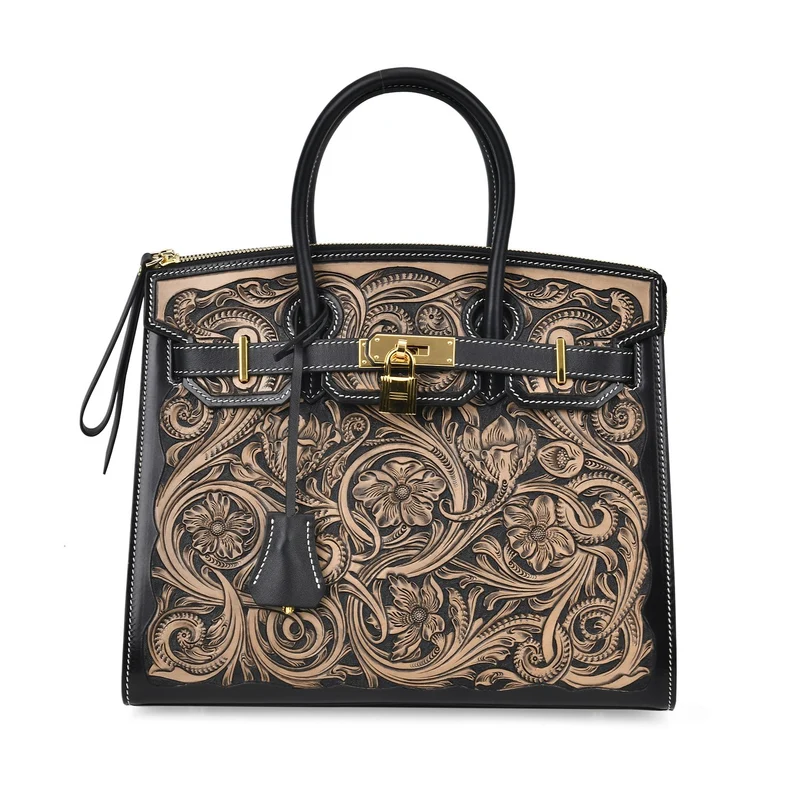 GRAND PELLE Elite Kollektion - Exklusive Handgravierte Leder-Padlock-Handtasche mit Floralem Meisterwerk, Größe 29,5 x 23 x 18 cm, Hellgrün