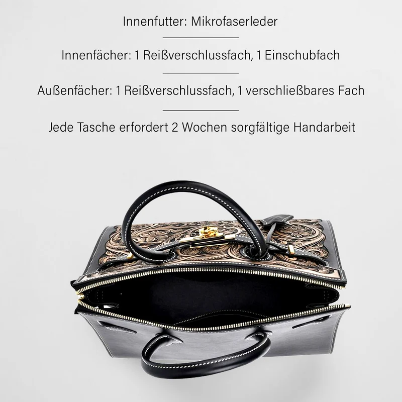 GRAND PELLE Elite Kollektion - Exklusive Handgravierte Leder-Padlock-Handtasche mit Floralem Meisterwerk, Größe 29,5 x 23 x 18 cm, Hellgrün