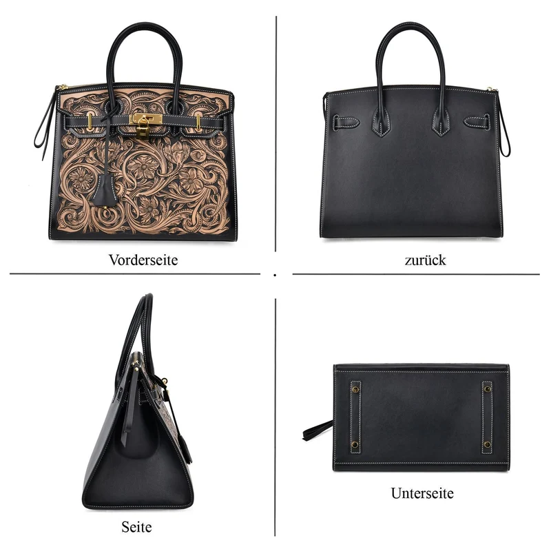 GRAND PELLE Elite Kollektion - Exklusive Handgravierte Leder-Padlock-Handtasche mit Floralem Meisterwerk, Größe 29,5 x 23 x 18 cm, Hellgrün