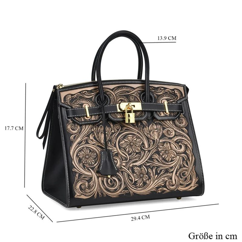 GRAND PELLE Elite Kollektion - Exklusive Handgravierte Leder-Padlock-Handtasche mit Floralem Meisterwerk, Größe 29,5 x 23 x 18 cm, Hellgrün