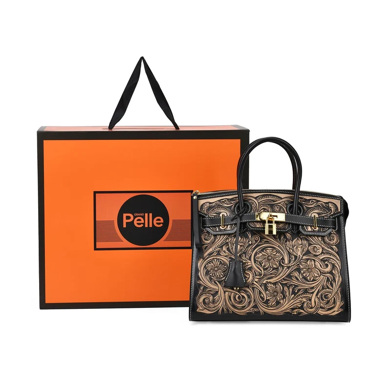 GRAND PELLE Elite Kollektion - Exklusive Handgravierte Leder-Padlock-Handtasche mit Floralem Meisterwerk, Größe 29,5 x 23 x 18 cm, Hellgrün