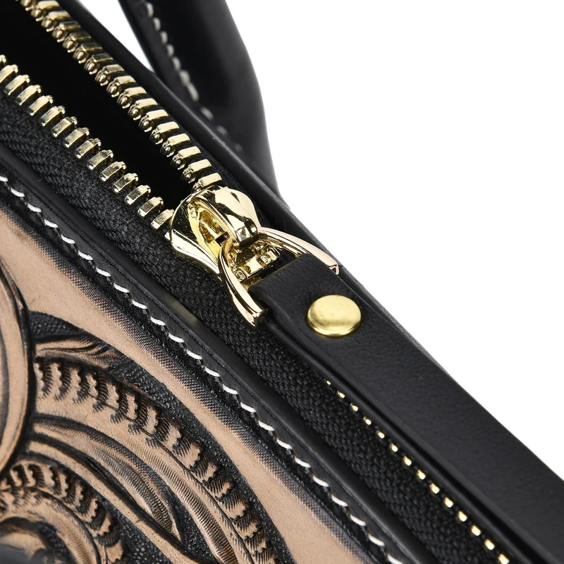 GRAND PELLE Elite Kollektion - Exklusive Handgravierte Leder-Padlock-Handtasche mit Floralem Meisterwerk, Größe 29,5 x 23 x 18 cm, Hellgrün