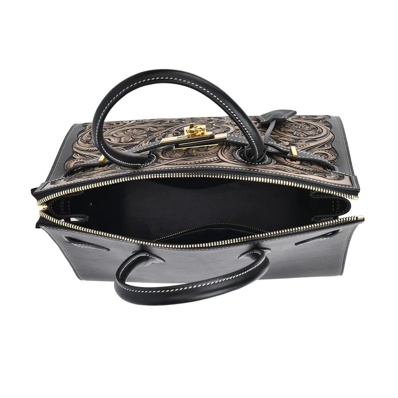 GRAND PELLE Elite Kollektion - Exklusive Handgravierte Leder-Padlock-Handtasche mit Floralem Meisterwerk, Größe 29,5 x 23 x 18 cm, Hellgrün