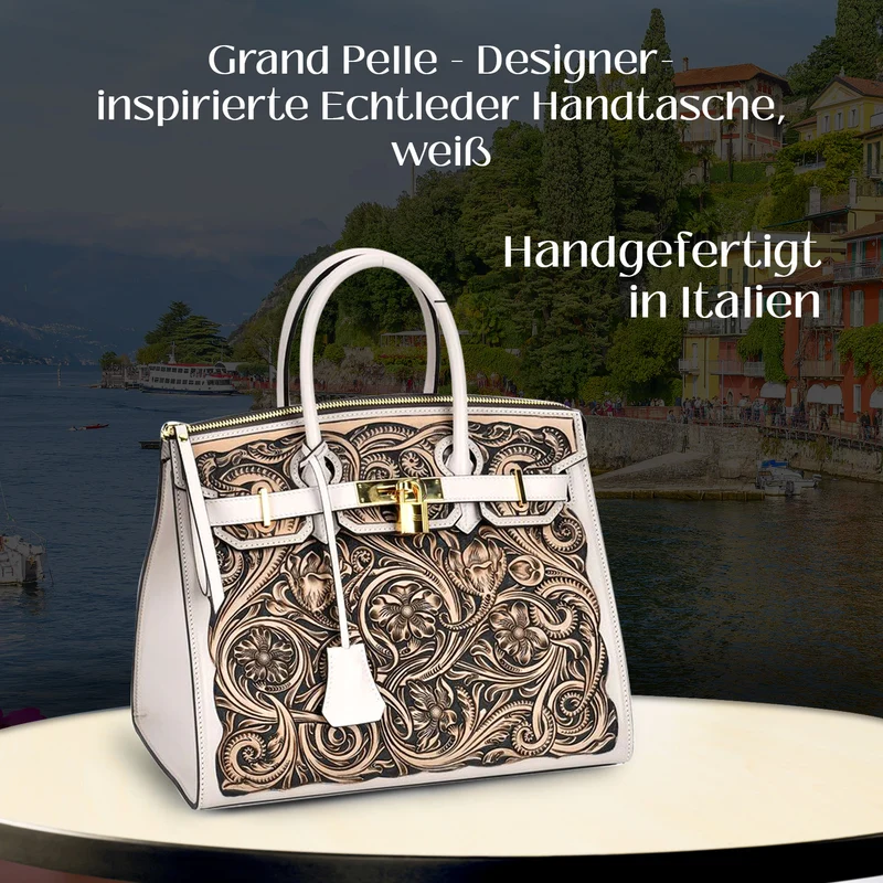 GRAND PELLE Elite Kollektion - Exklusive Handgravierte Leder-Padlock-Handtasche mit Floralem Meisterwerk, Größe 29,5 x 23 x 18 cm, Hellgrün