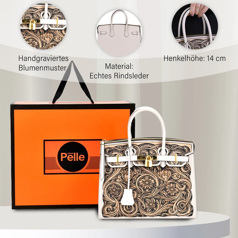 GRAND PELLE Elite Kollektion - Exklusive Handgravierte Leder-Padlock-Handtasche mit Floralem Meisterwerk, Größe 29,5 x 23 x 18 cm, Hellgrün