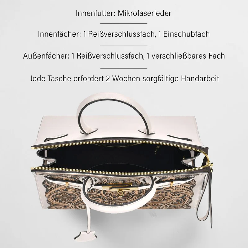 GRAND PELLE Elite Kollektion - Exklusive Handgravierte Leder-Padlock-Handtasche mit Floralem Meisterwerk, Größe 29,5 x 23 x 18 cm, Hellgrün