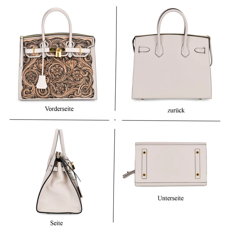 GRAND PELLE Elite Kollektion - Exklusive Handgravierte Leder-Padlock-Handtasche mit Floralem Meisterwerk, Größe 29,5 x 23 x 18 cm, Hellgrün