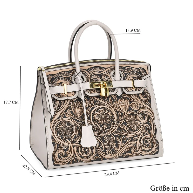 GRAND PELLE Elite Kollektion - Exklusive Handgravierte Leder-Padlock-Handtasche mit Floralem Meisterwerk, Größe 29,5 x 23 x 18 cm, Hellgrün