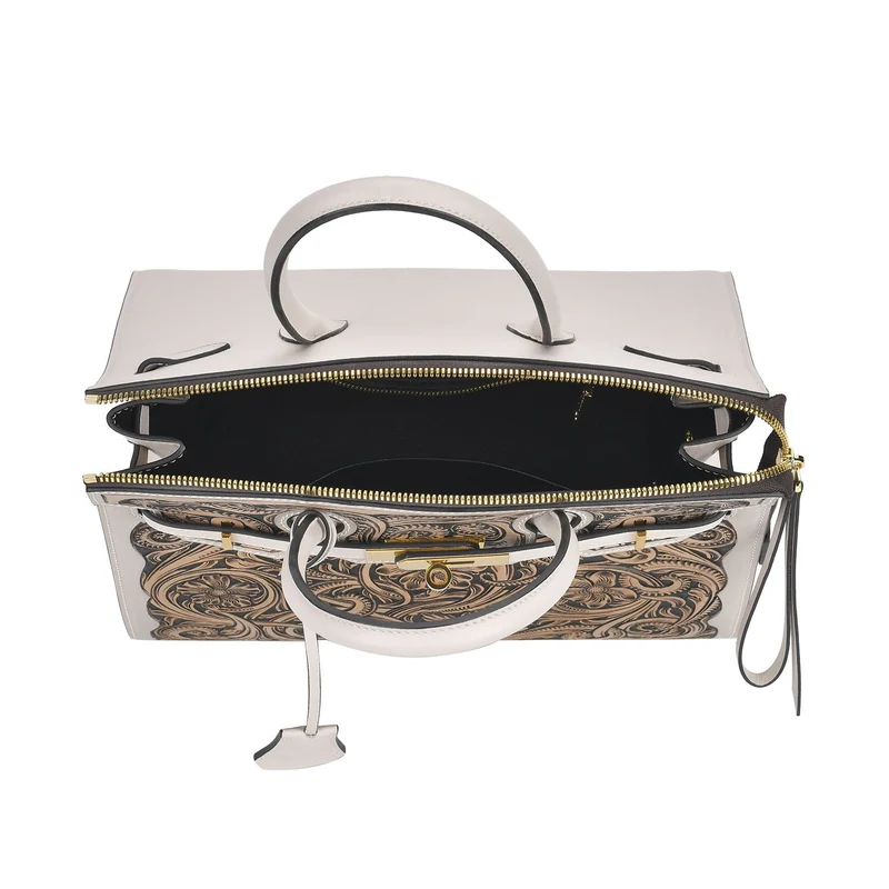 GRAND PELLE Elite Kollektion - Exklusive Handgravierte Leder-Padlock-Handtasche mit Floralem Meisterwerk, Größe 29,5 x 23 x 18 cm, Hellgrün