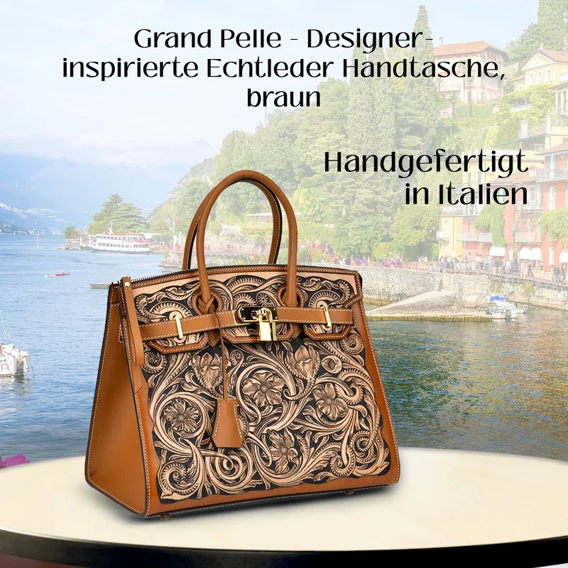 GRAND PELLE Elite Kollektion - Exklusive Handgravierte Leder-Padlock-Handtasche mit Floralem Meisterwerk, Größe 29,5 x 23 x 18 cm, Hellgrün