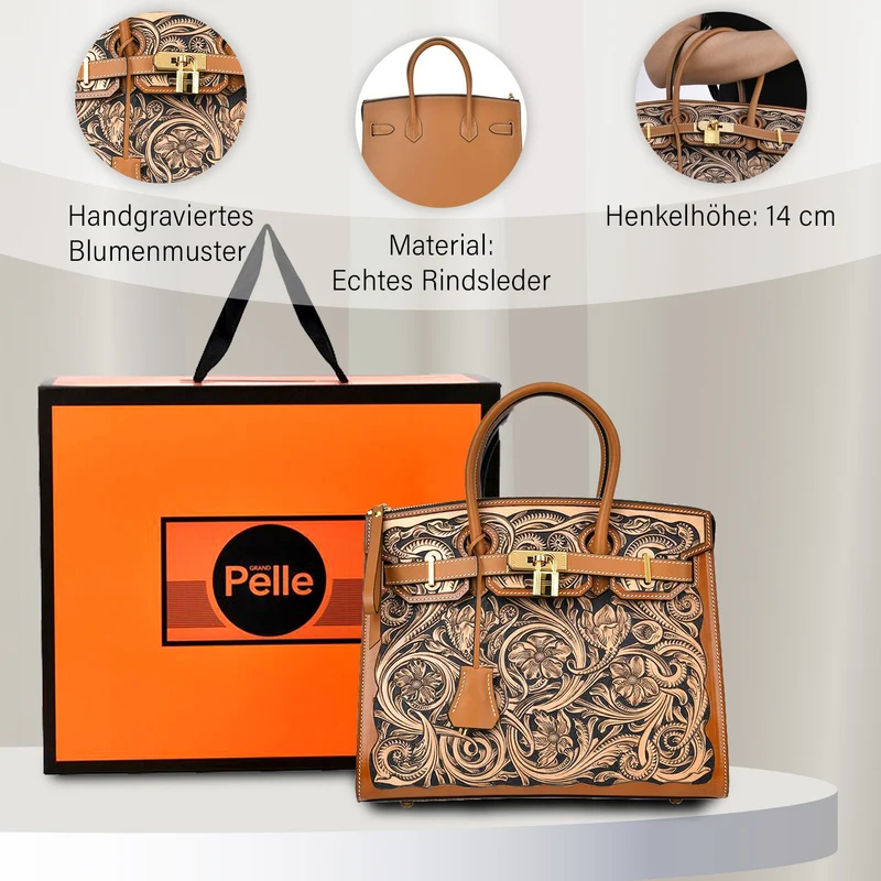 GRAND PELLE Elite Kollektion - Exklusive Handgravierte Leder-Padlock-Handtasche mit Floralem Meisterwerk, Größe 29,5 x 23 x 18 cm, Hellgrün