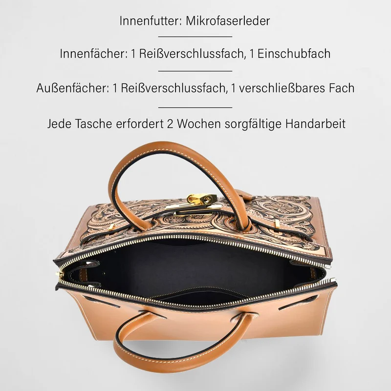 GRAND PELLE Elite Kollektion - Exklusive Handgravierte Leder-Padlock-Handtasche mit Floralem Meisterwerk, Größe 29,5 x 23 x 18 cm, Hellgrün