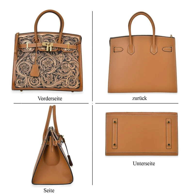 GRAND PELLE Elite Kollektion - Exklusive Handgravierte Leder-Padlock-Handtasche mit Floralem Meisterwerk, Größe 29,5 x 23 x 18 cm, Hellgrün