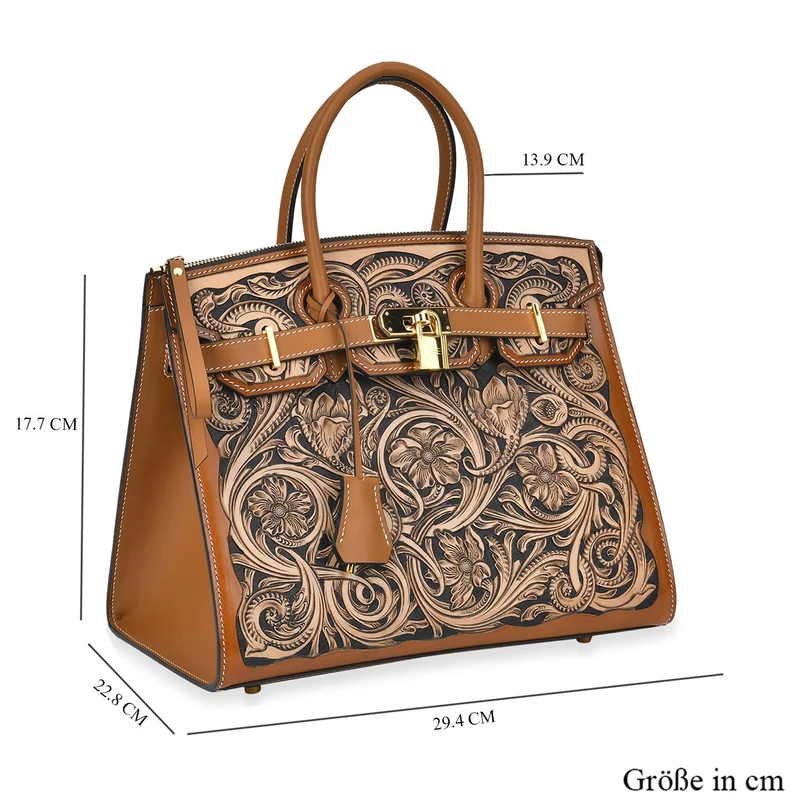 GRAND PELLE Elite Kollektion - Exklusive Handgravierte Leder-Padlock-Handtasche mit Floralem Meisterwerk, Größe 29,5 x 23 x 18 cm, Hellgrün