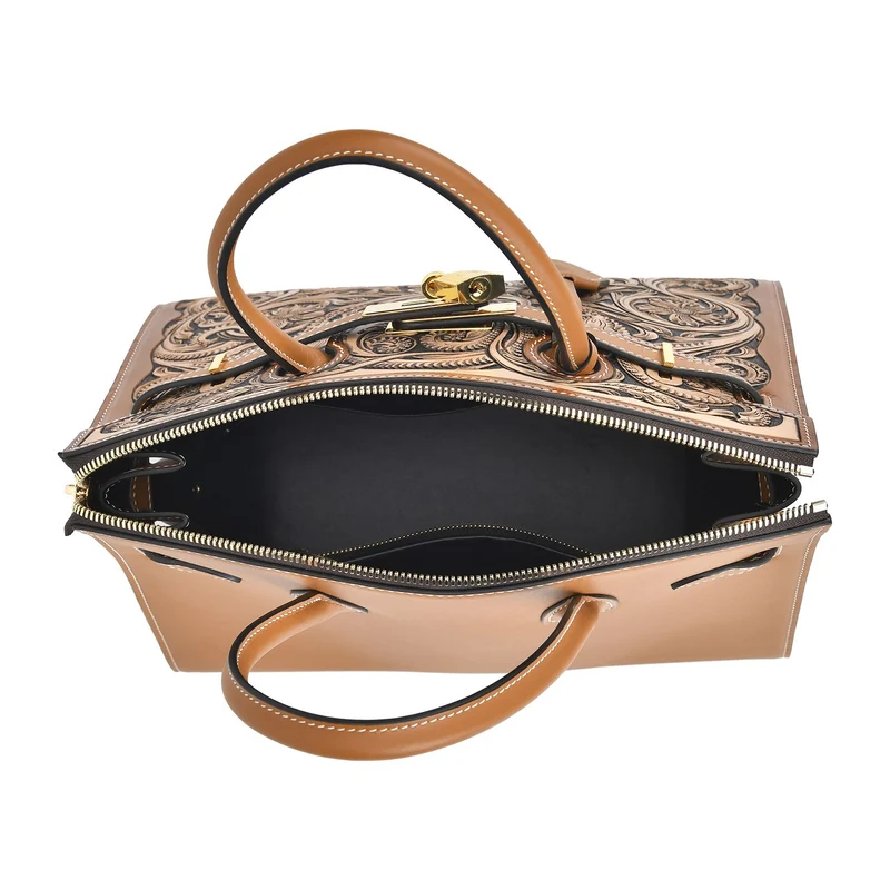 GRAND PELLE Elite Kollektion - Exklusive Handgravierte Leder-Padlock-Handtasche mit Floralem Meisterwerk, Größe 29,5 x 23 x 18 cm, Hellgrün