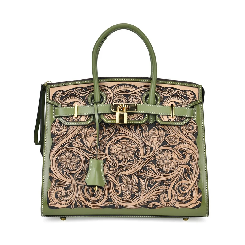 GRAND PELLE Elite Kollektion - Exklusive Handgravierte Leder-Padlock-Handtasche mit Floralem Meisterwerk, Größe 29,5 x 23 x 18 cm, Hellgrün