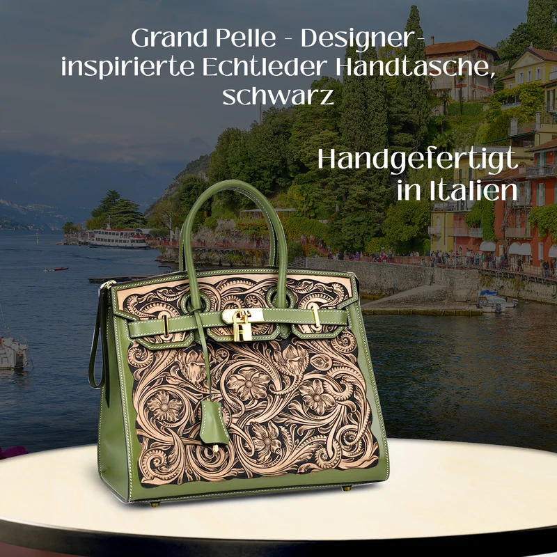 GRAND PELLE Elite Kollektion - Exklusive Handgravierte Leder-Padlock-Handtasche mit Floralem Meisterwerk, Größe 29,5 x 23 x 18 cm, Hellgrün