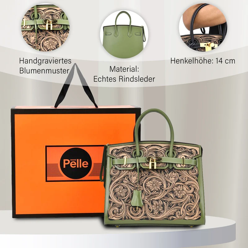 GRAND PELLE Elite Kollektion - Exklusive Handgravierte Leder-Padlock-Handtasche mit Floralem Meisterwerk, Größe 29,5 x 23 x 18 cm, Hellgrün