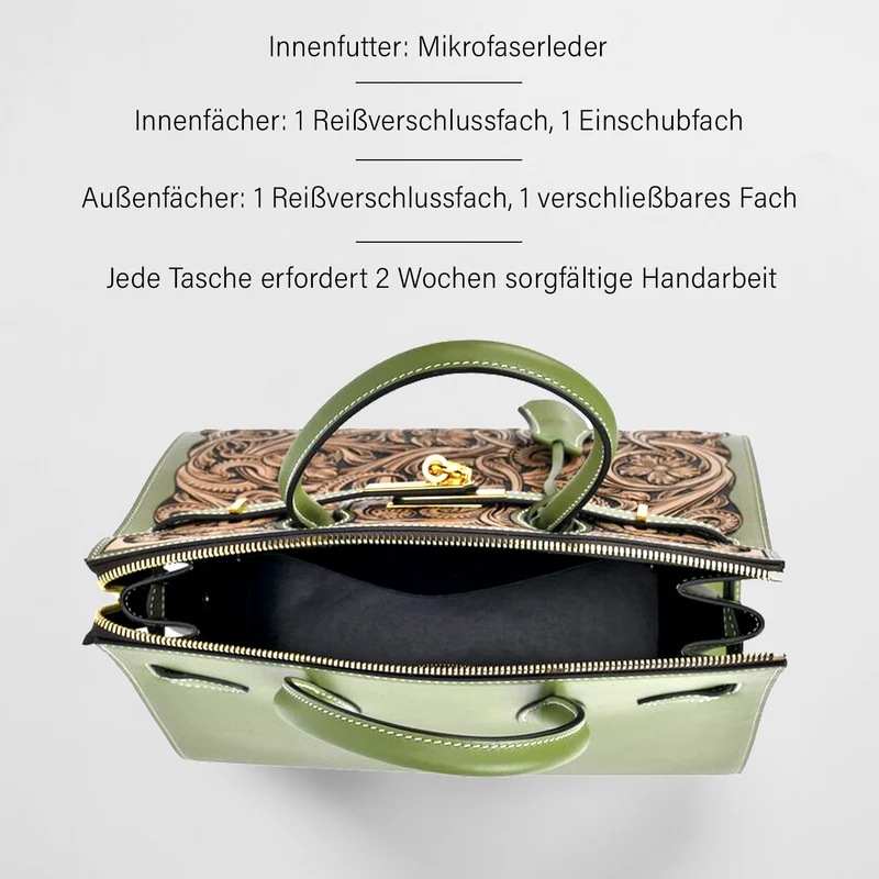 GRAND PELLE Elite Kollektion - Exklusive Handgravierte Leder-Padlock-Handtasche mit Floralem Meisterwerk, Größe 29,5 x 23 x 18 cm, Hellgrün