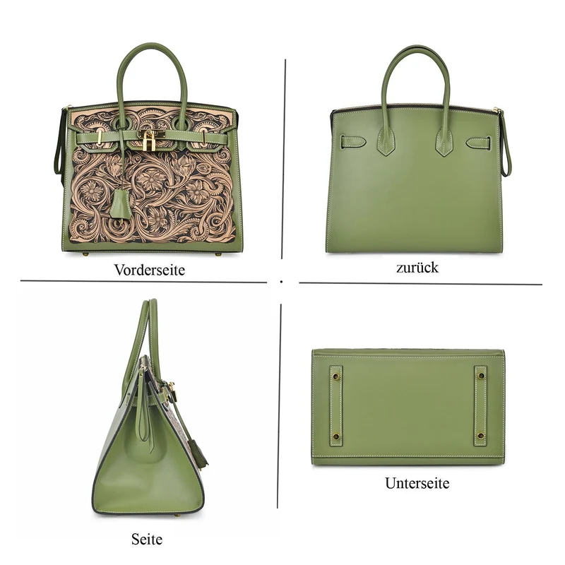 GRAND PELLE Elite Kollektion - Exklusive Handgravierte Leder-Padlock-Handtasche mit Floralem Meisterwerk, Größe 29,5 x 23 x 18 cm, Hellgrün