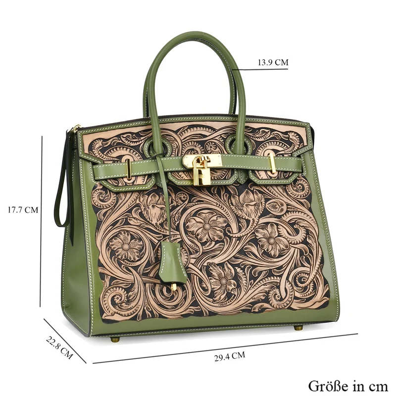 GRAND PELLE Elite Kollektion - Exklusive Handgravierte Leder-Padlock-Handtasche mit Floralem Meisterwerk, Größe 29,5 x 23 x 18 cm, Hellgrün