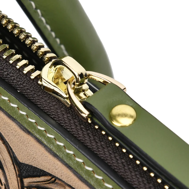 GRAND PELLE Elite Kollektion - Exklusive Handgravierte Leder-Padlock-Handtasche mit Floralem Meisterwerk, Größe 29,5 x 23 x 18 cm, Hellgrün