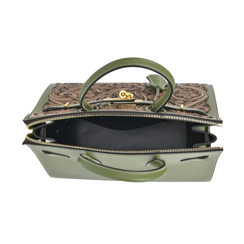 GRAND PELLE Elite Kollektion - Exklusive Handgravierte Leder-Padlock-Handtasche mit Floralem Meisterwerk, Größe 29,5 x 23 x 18 cm, Hellgrün