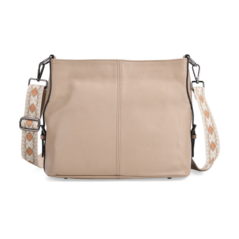 Echtleder-Crossbody-Tasche aus geprägtem Leder, verstellbarer Schulterriemen (ca. 120 cm), 32x12x25 cm, Hellbraun