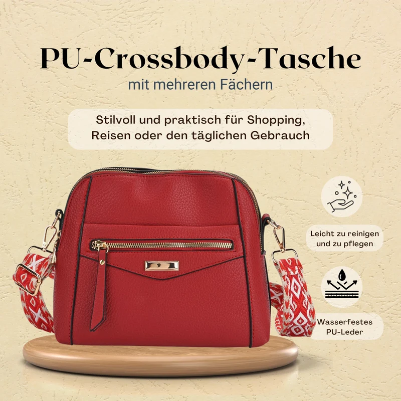 Crossbody-Tasche mit Mehrfachfächern, Kunstleder, 24 x 9,5 x 21 cm, Rot