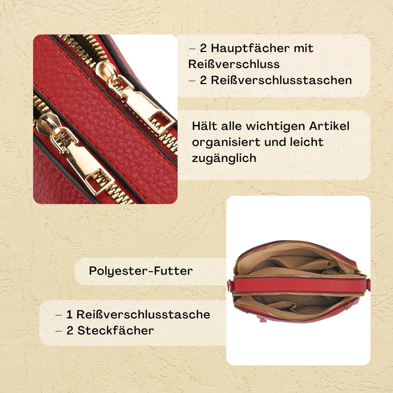 Crossbody-Tasche mit Mehrfachfächern, Kunstleder, 24 x 9,5 x 21 cm, Rot