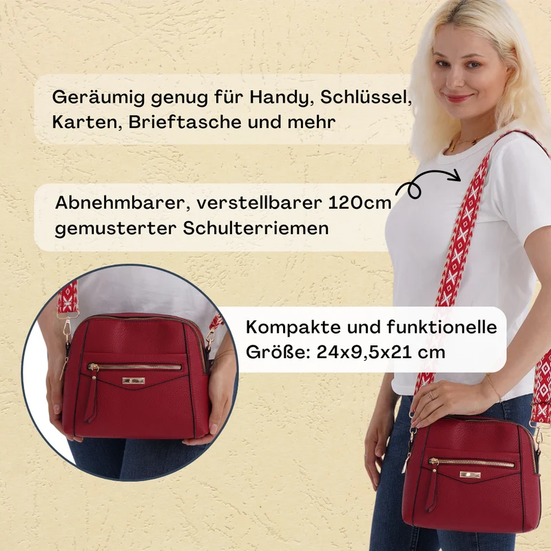 Crossbody-Tasche mit Mehrfachfächern, Kunstleder, 24 x 9,5 x 21 cm, Rot