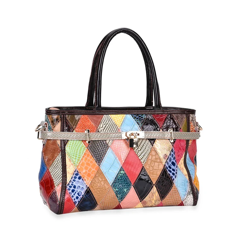 Chaos by Elsie - Echtleder Umhängetasche mit RFID-Schutz, Glänzendes Krokodil-Prägemuster, 34x14x25 cm, Patchwork