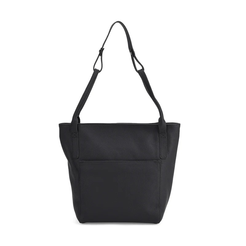 Echtleder-Tote-Bag mit Magnetverschluss-Außentasche und geräumigem Innenfach, 34x14x29 cm, Schwarz