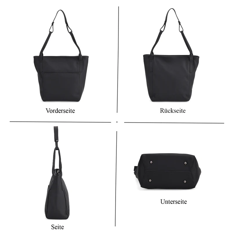 Echtleder-Tote-Bag mit Magnetverschluss-Außentasche und geräumigem Innenfach, 34x14x29 cm, Schwarz
